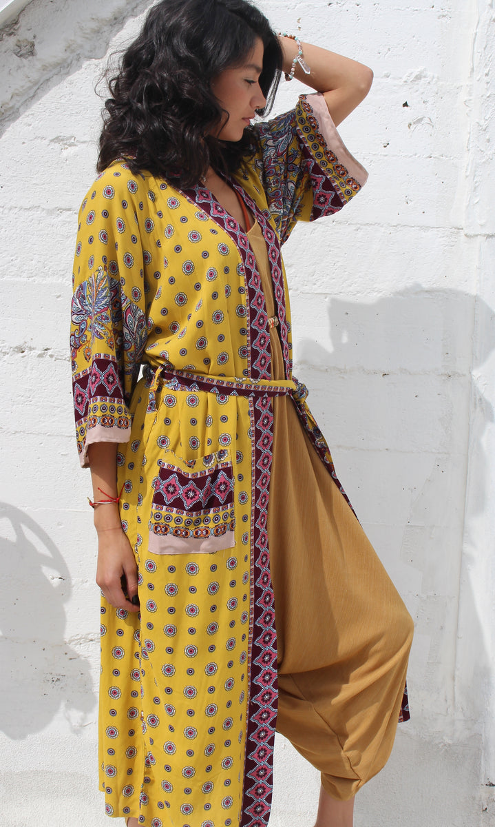 Turban Feathers Sakura Robe in Gold - Yoga Clothing by Daughters of Culture