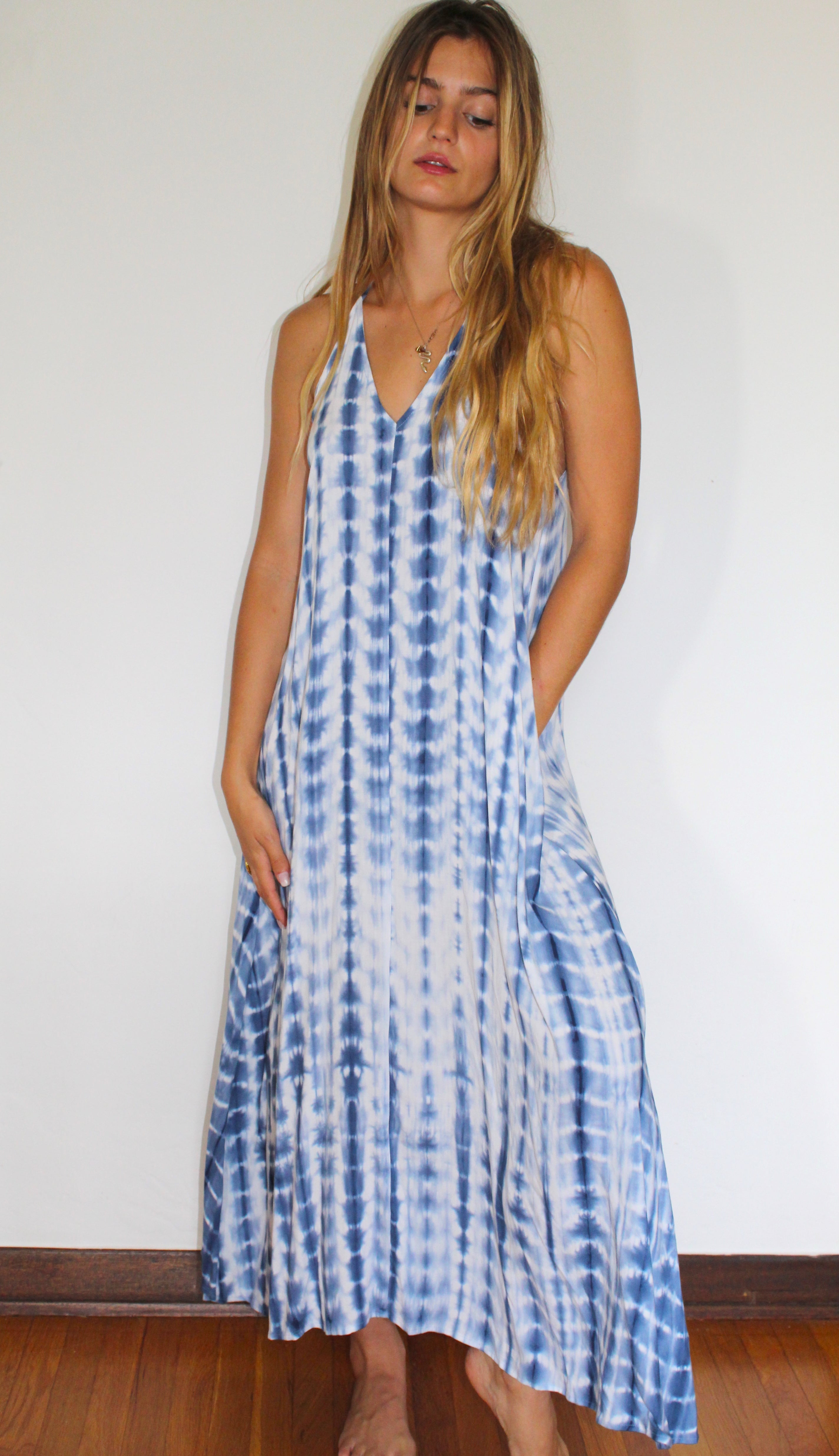 Denim Rinse Tie Dye Sun Dress - Yoga Clothing by Daughters of Culture Denim Rinse Tie Dye Sun Dress - Yoga Clothing by Daughters of Culture