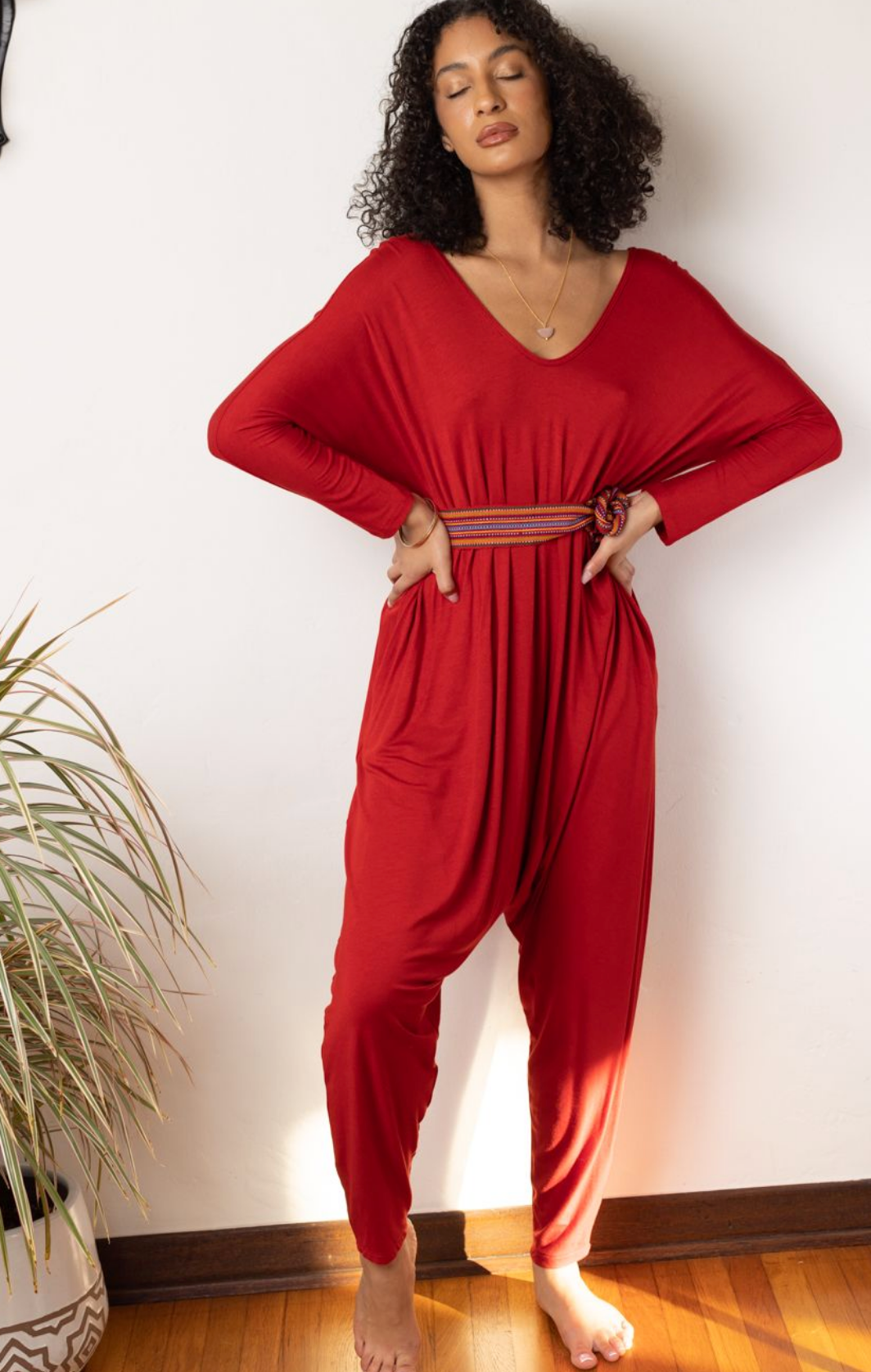 Wine Red Velour Lounge Jumpsuit With Pockets - World Market